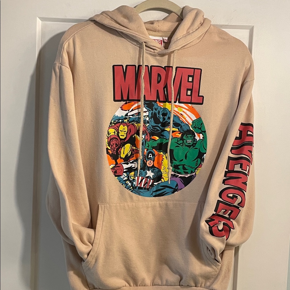 Marvel The Avengers Hoodie Tan Size Medium Front and Left Arm Graphic No Stains